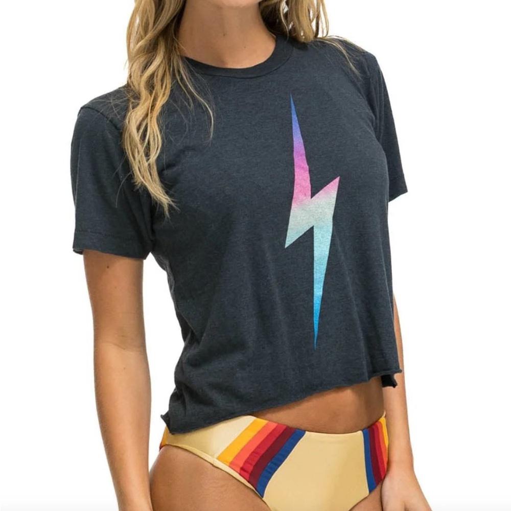 Aviator Nation Bolt Boyfriend Tee in Dark Gray/Blue with Rainbow Lightning